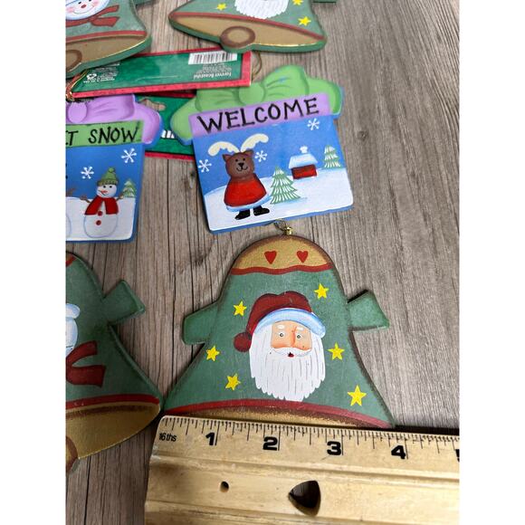 VTG Forever Beautiful Christmas Ornaments Wooden Bells Rustic Santa Snowman 6 pc - Picture 4 of 5